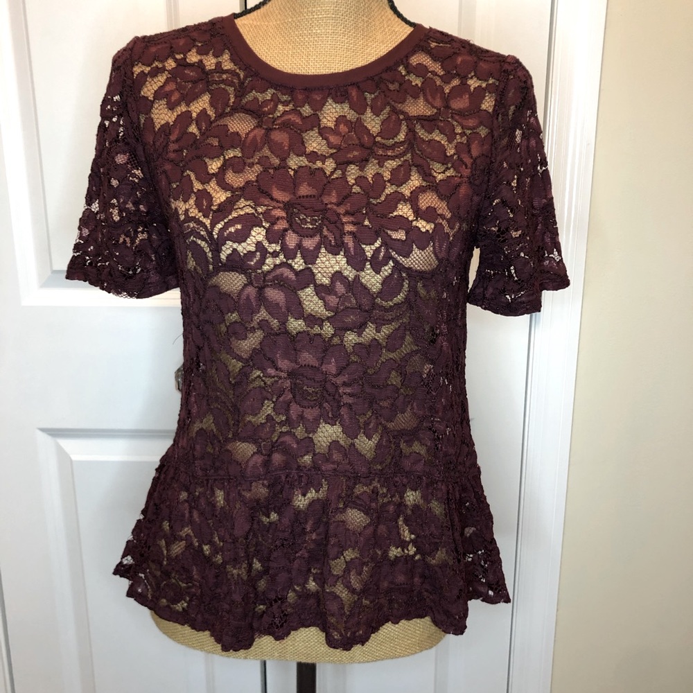 LOFT Garnet Burgundy Lace Blouse with Ruffle size Small